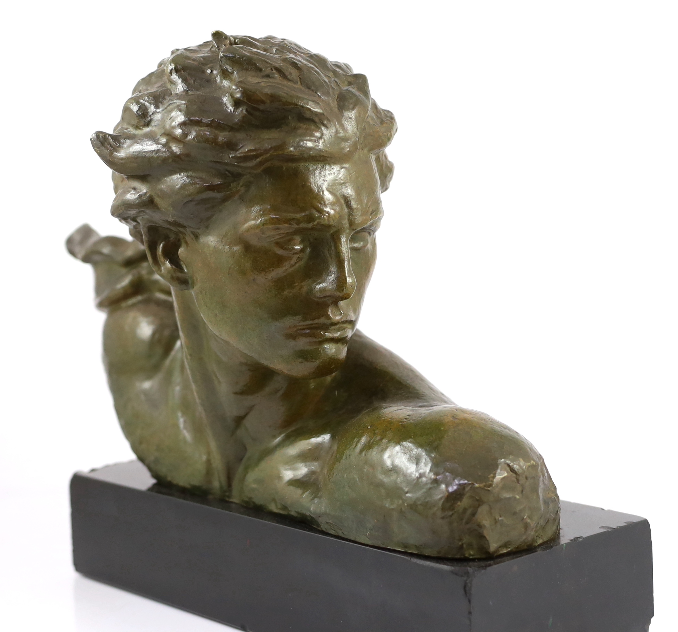 Alexandre Kelety (French/Hungarian, 1874-1940). A bronze 'Buste de Jean Mermoz à l'écharpe', 53cm wide, 36cm high